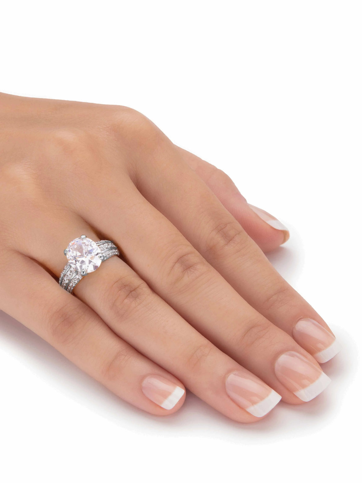 Oval-Cut Cubic Zirconia Multi-Row Engagement Ring in Platinum-Plated Sterling Silver E5395