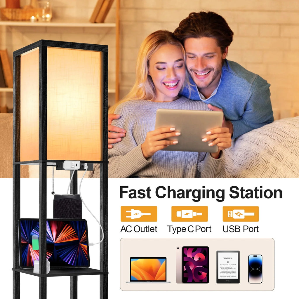 Floor Lamp with Shelves, USB Port, Linen Shade B67670