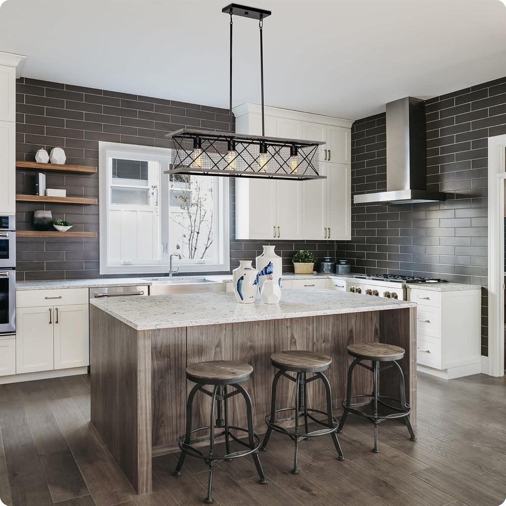 Gray Oak Wood Style Black Finish 4-Light Kitchen Island Light P52673