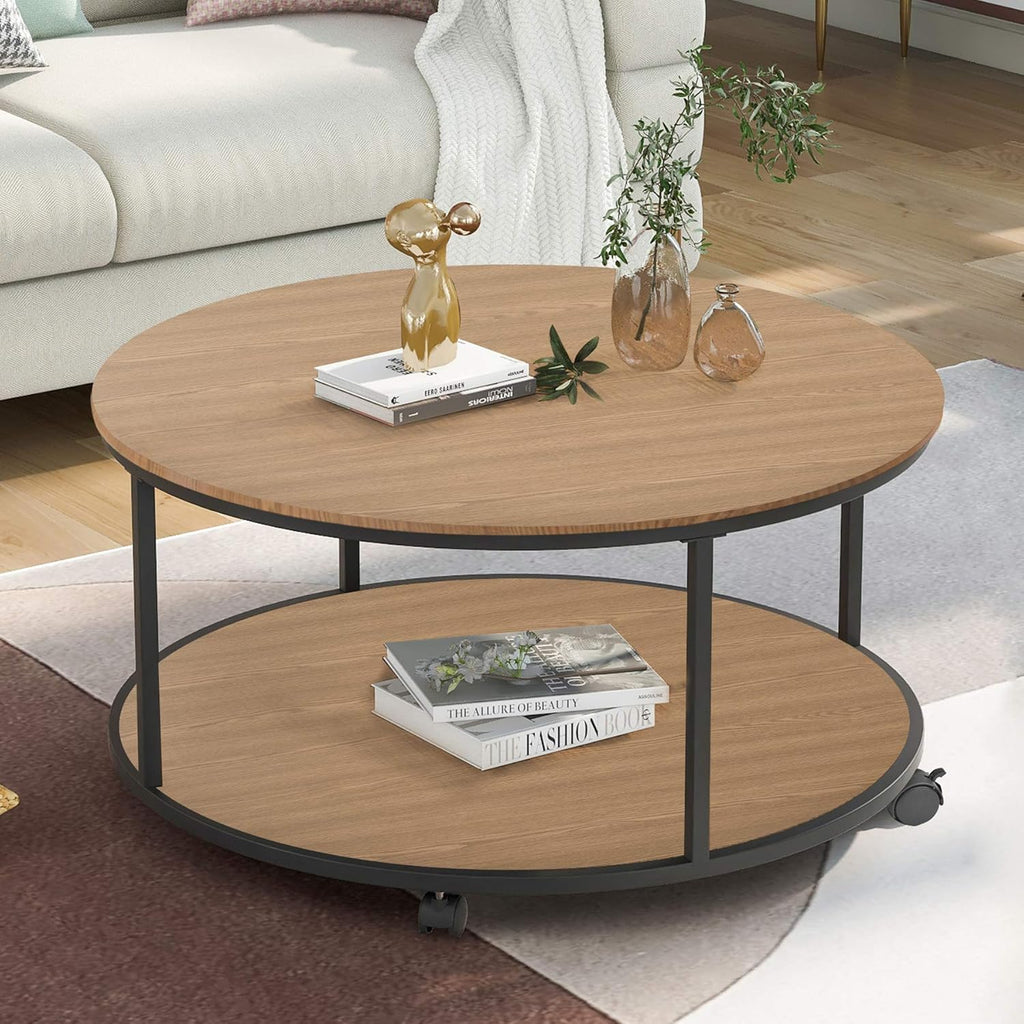 Rustic Style Round Coffee Table with Casters Brown O668