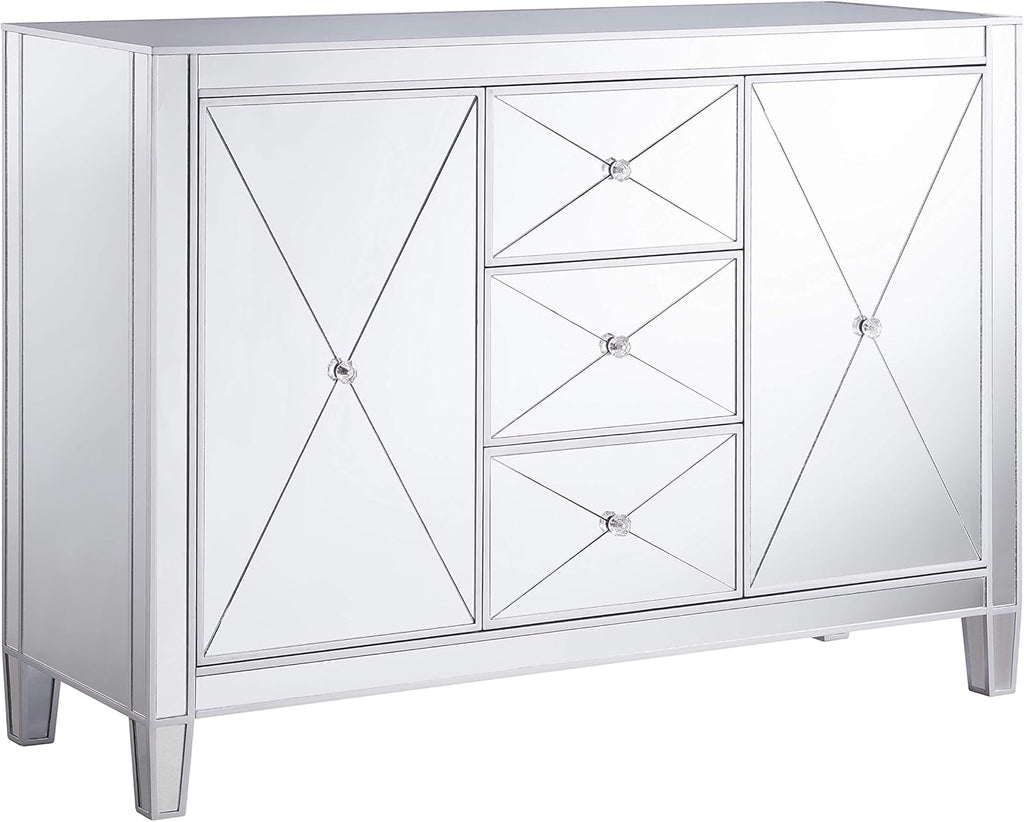 Mirrored 3 Drawers Cabinet with Faux Crystal Knobs and Matte Silver Trim M495