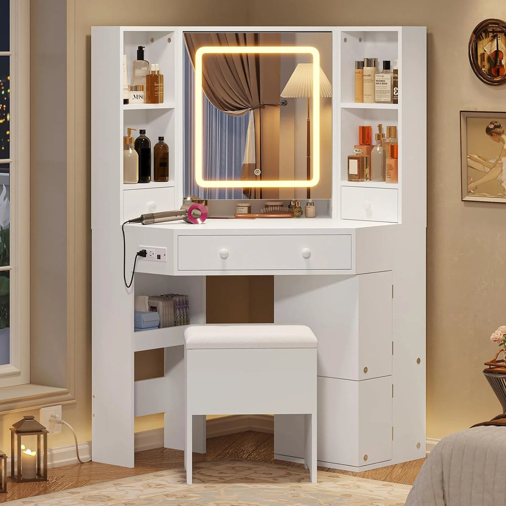 White Vanity Desk with Mirror Lights Charging Station Drawers Storage Stool Rotating Shelves A474