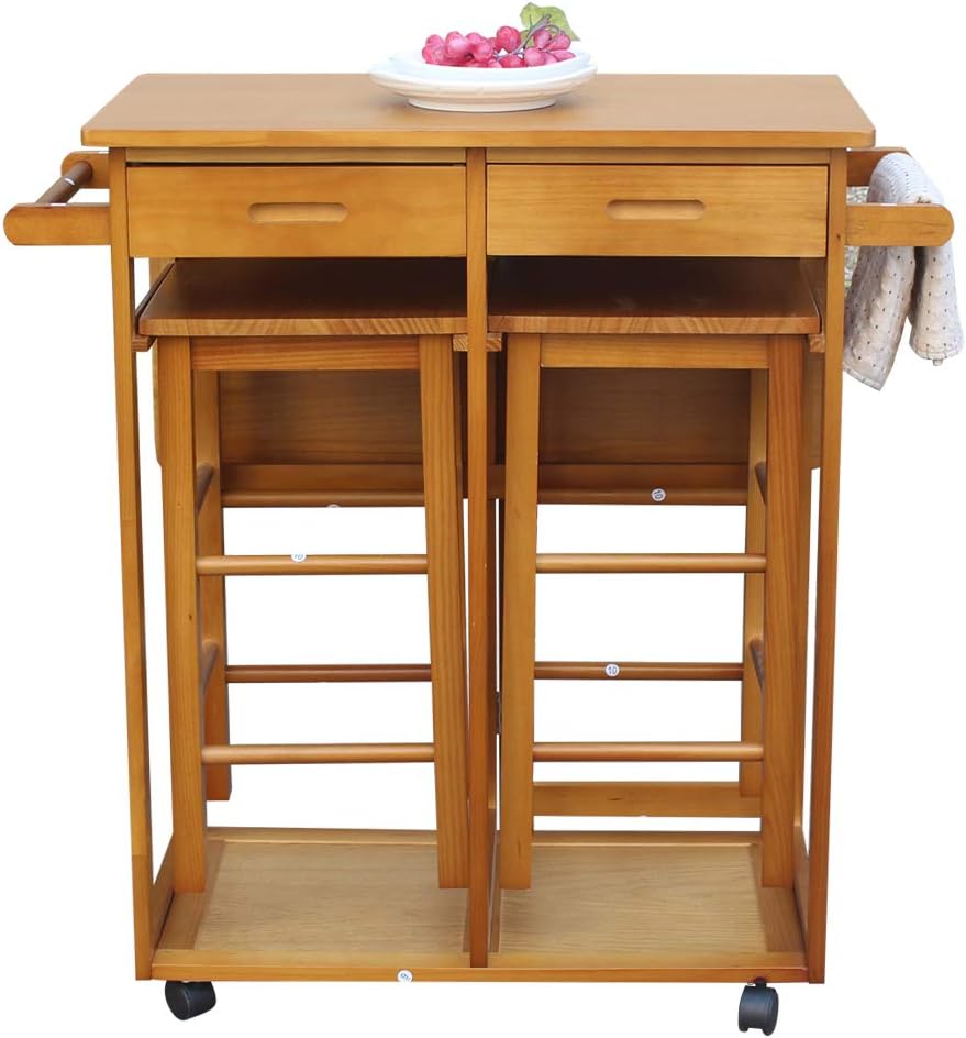 Foldable Dining Table Set with 2 Stools and 2 Drawers Solid Wood Drop Leaf Table S7838