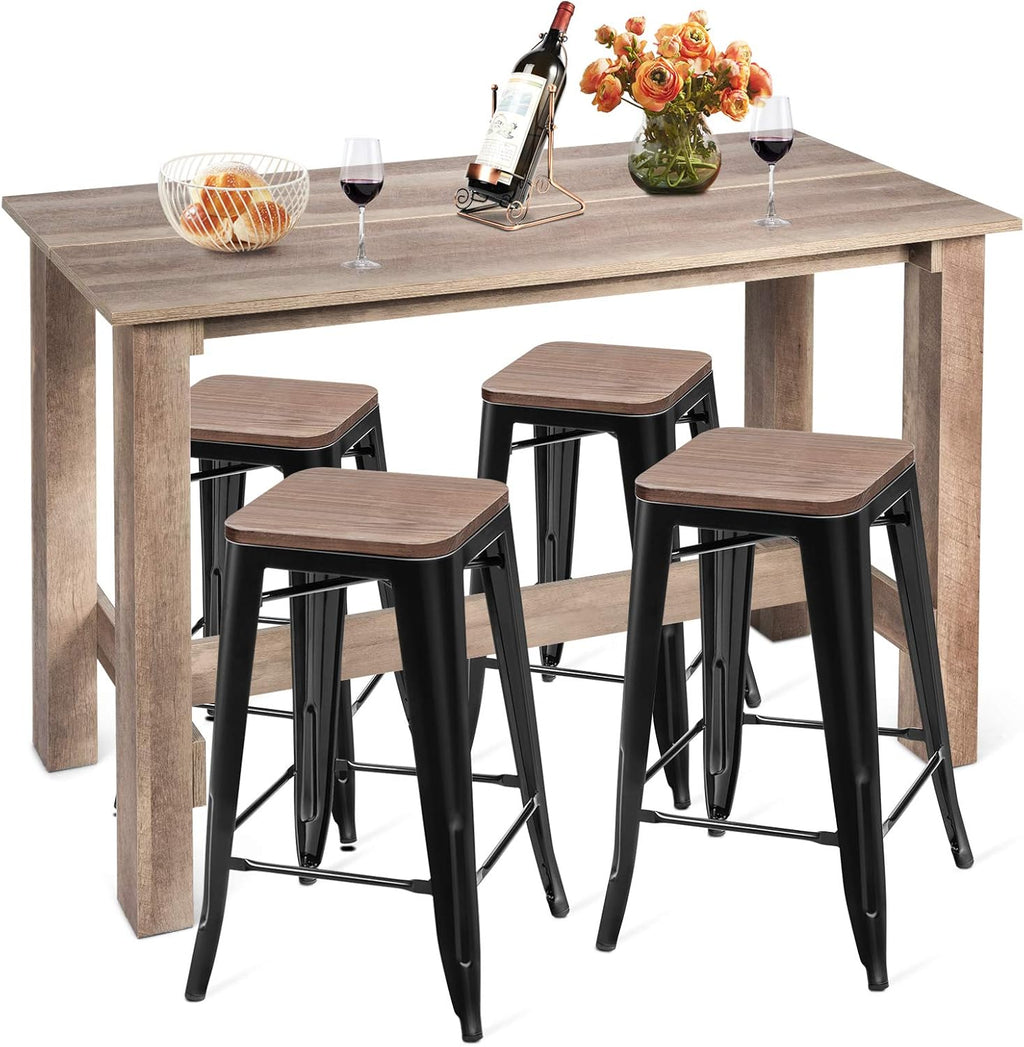 5 Pcs Industrial Counter Height Dining Table Set with 4 Metal Backless Barstools J691807