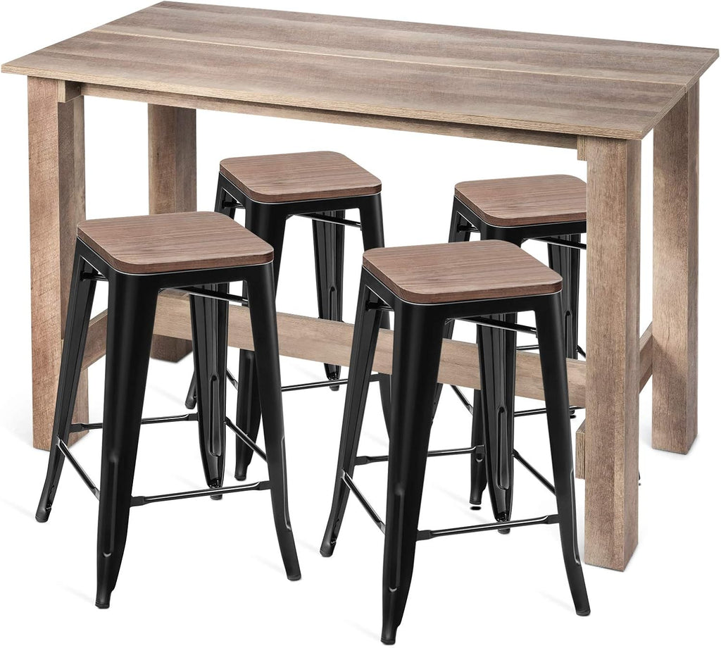 5 Pcs Industrial Counter Height Dining Table Set with 4 Metal Backless Barstools J691807
