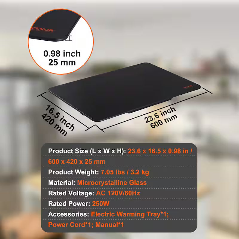 Black Portable Tempered Glass Electric Warming Tray F681732