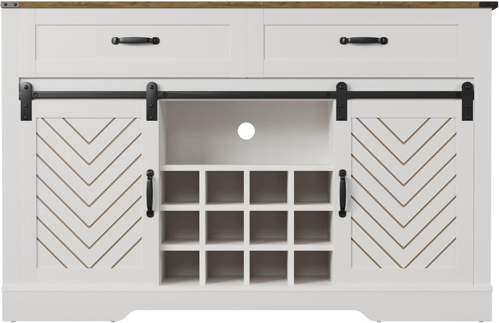 White & Oak Sideboard Cabinet with Sliding Barn Door, 3 Drawers M9465