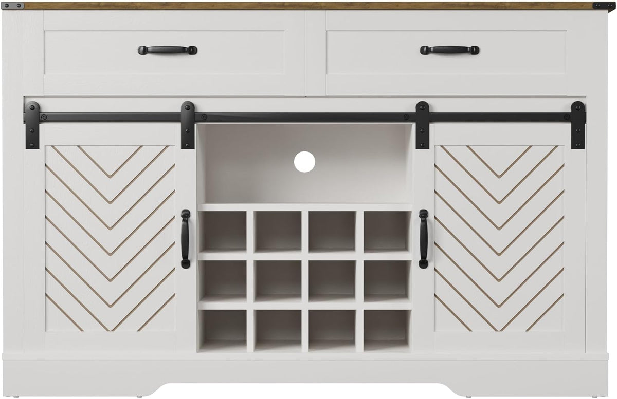 White & Oak Sideboard Cabinet with Sliding Barn Door, 3 Drawers M9465