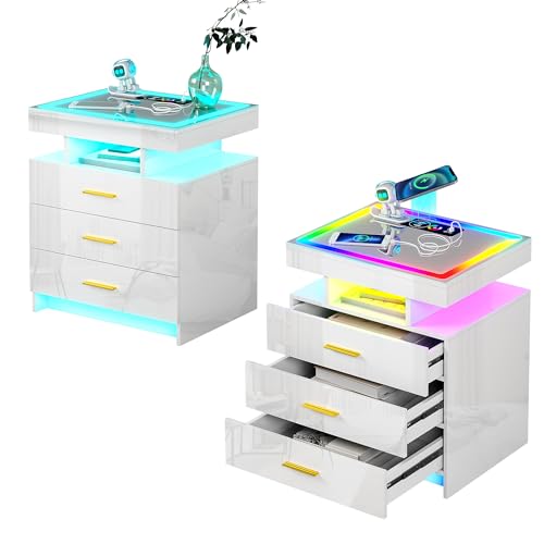 Black LED Nightstand with 3 Drawers and Wireless Charging D285
