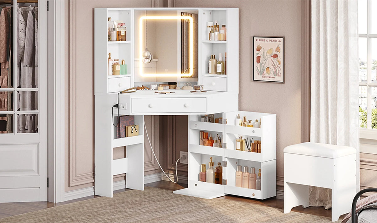 White Vanity Desk with Mirror Lights Charging Station Drawers Storage Stool Rotating Shelves A474