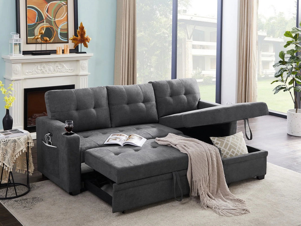 Dark Gray Woven Fabric Sleeper Sectional with Cupholder, USB Charging Port and Pocket Q5181