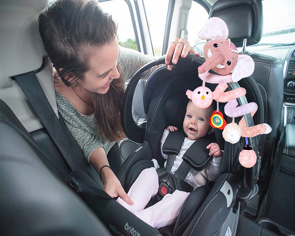 Pink Elephant Baby Car Seat Toys with Musical Owl Rattle U2388