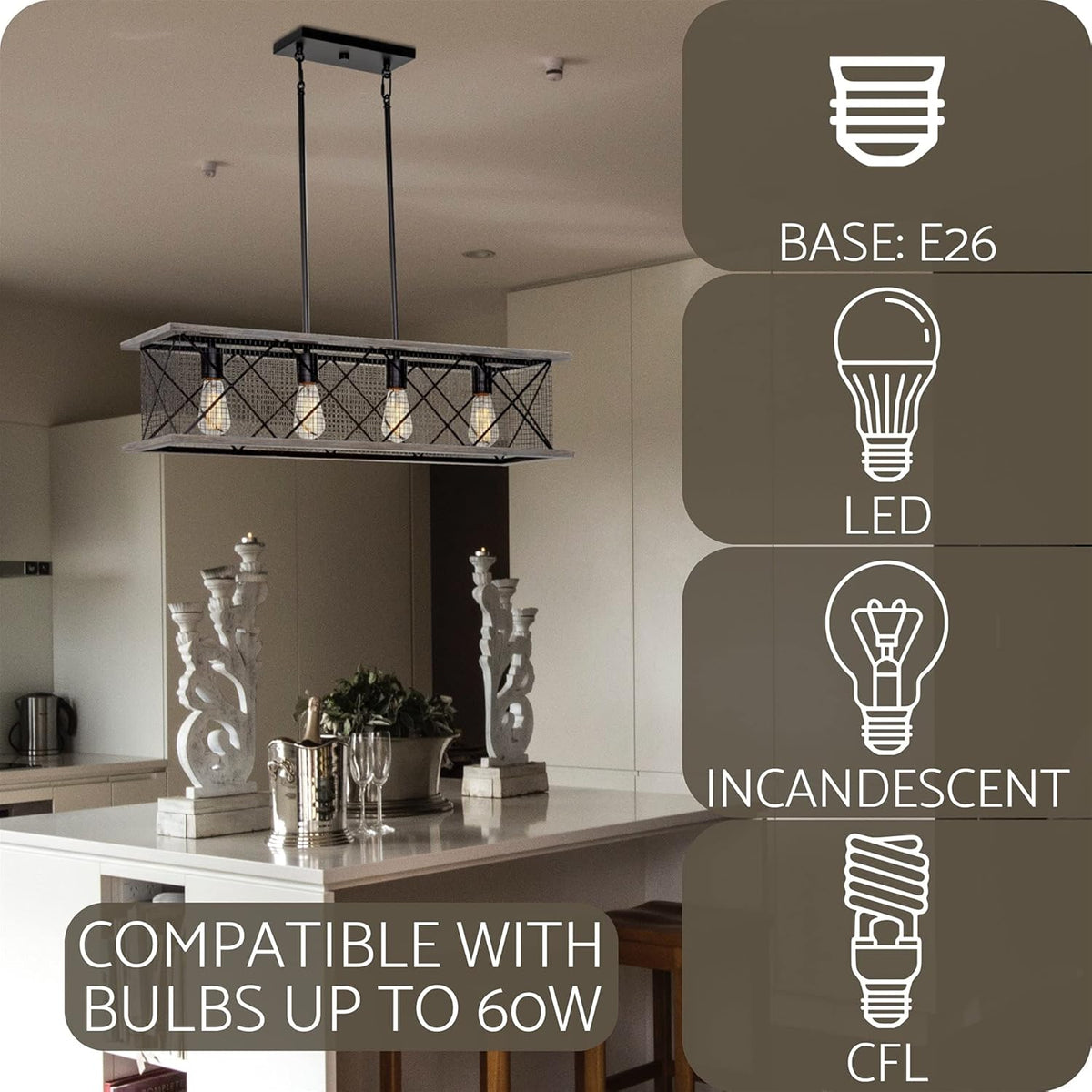 Gray Oak Wood Style Black Finish 4-Light Kitchen Island Light P52673
