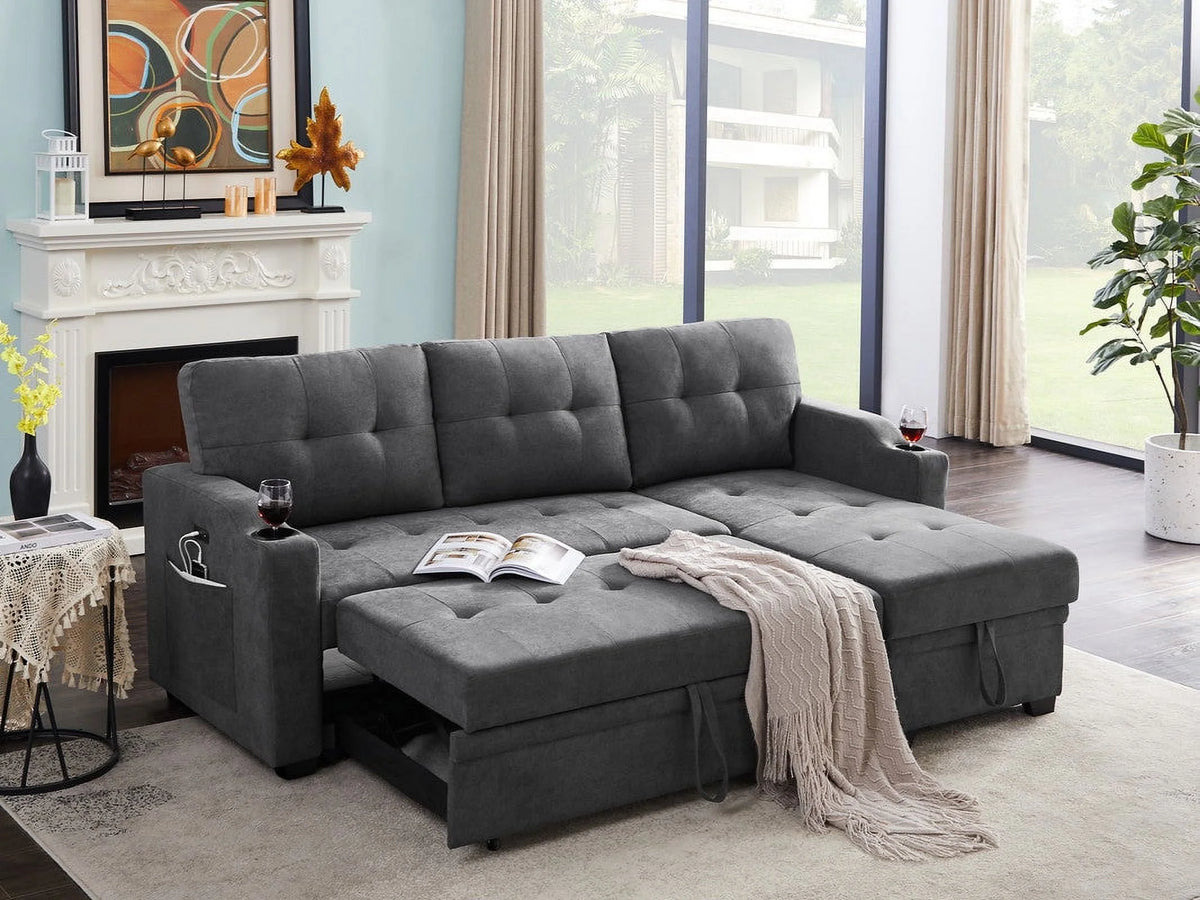 Dark Gray Woven Fabric Sleeper Sectional with Cupholder, USB Charging Port and Pocket Q5181