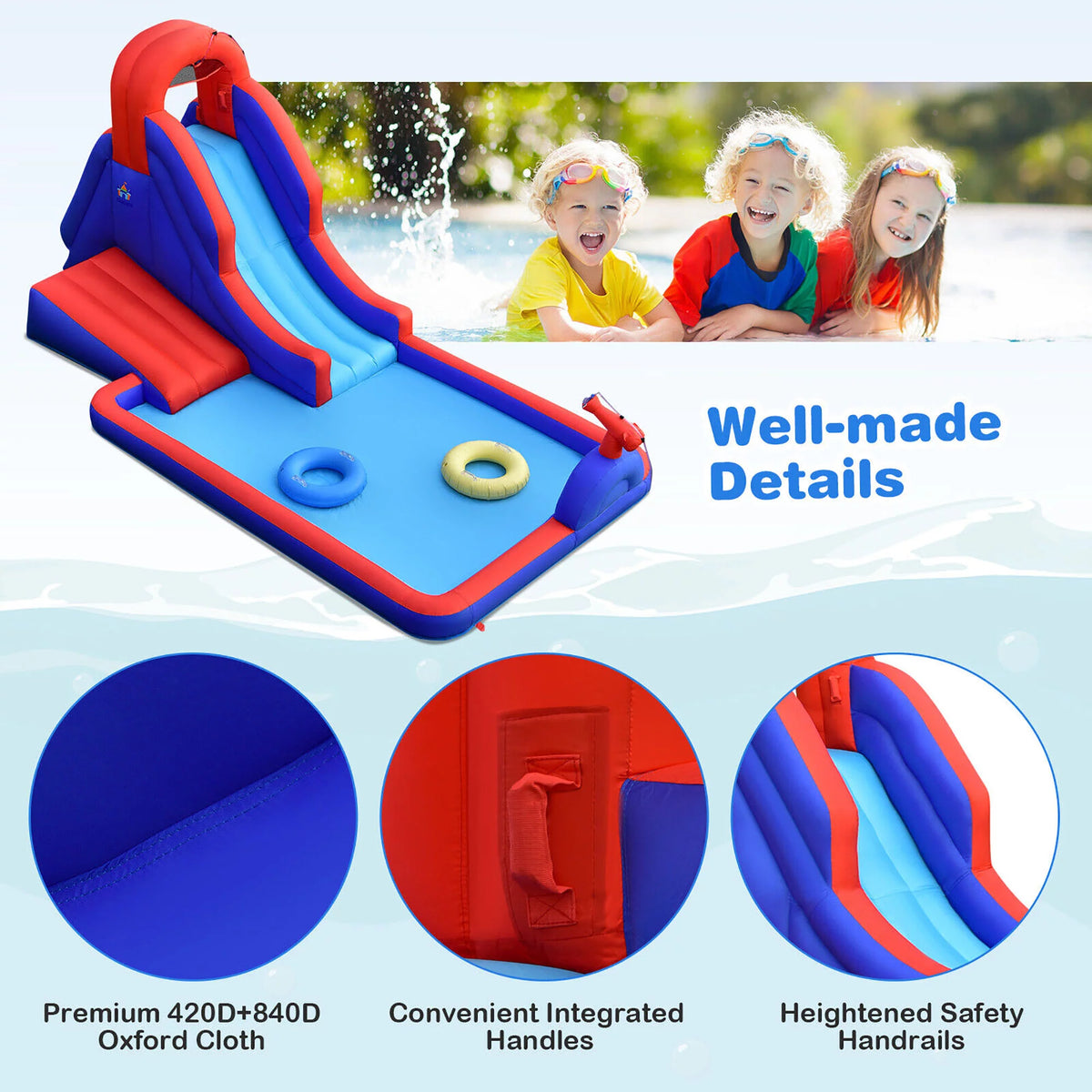 Inflatable Water Slide Park with Climb Slide Pool & 2 Swim Rings U312170