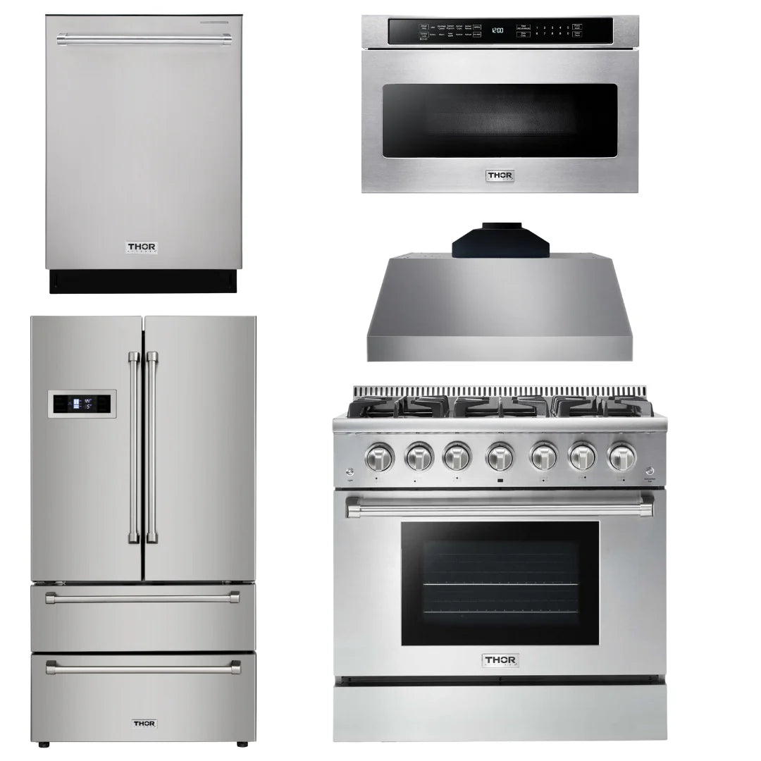 36 Propane Gas Range, Range Hood, Microwave, Refrigerator, Dishwasher S6671
