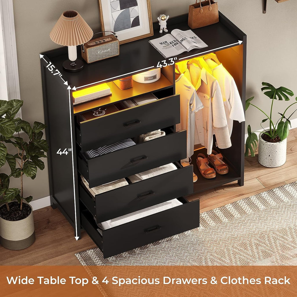 Black 4 Drawer Dresser with Clothing Rack S39763