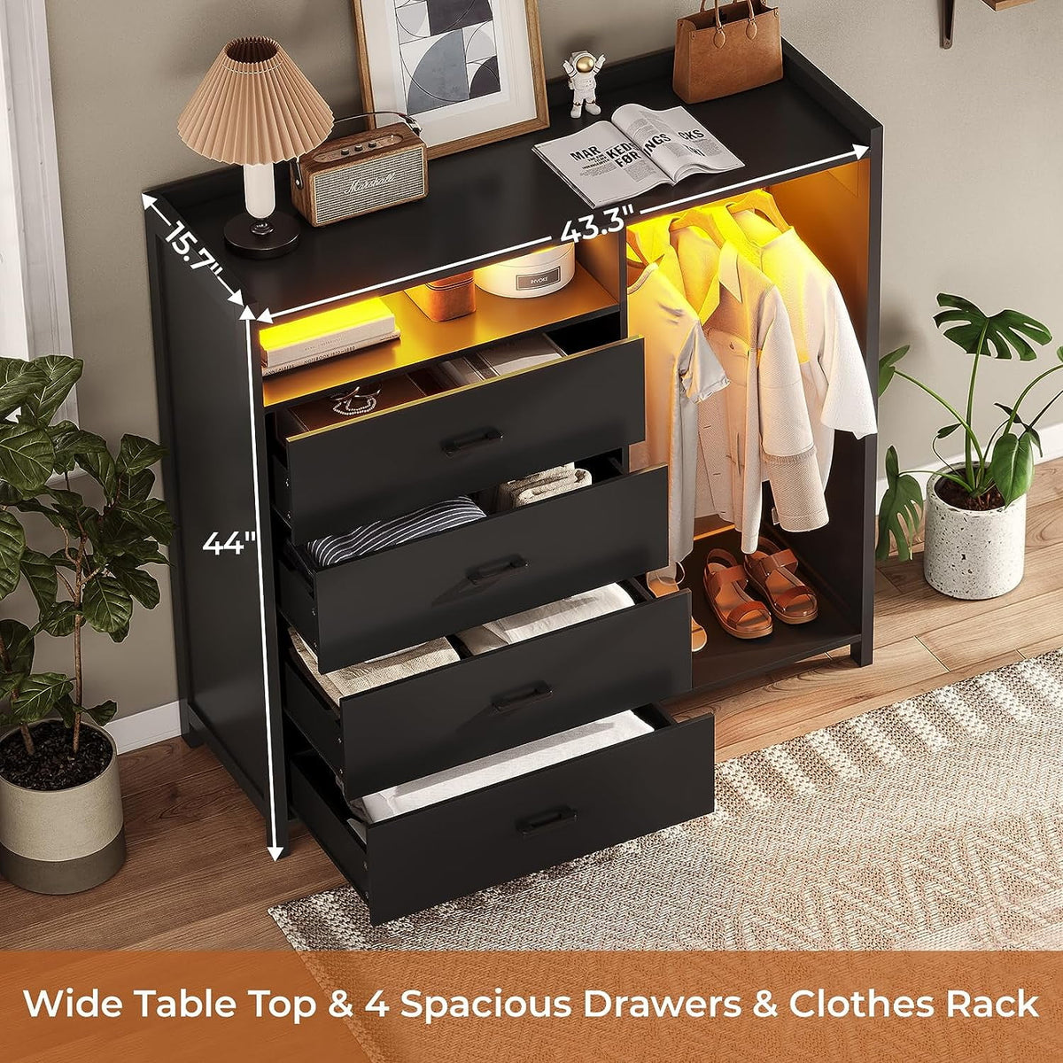 Black 4 Drawer Dresser with Clothing Rack S39763