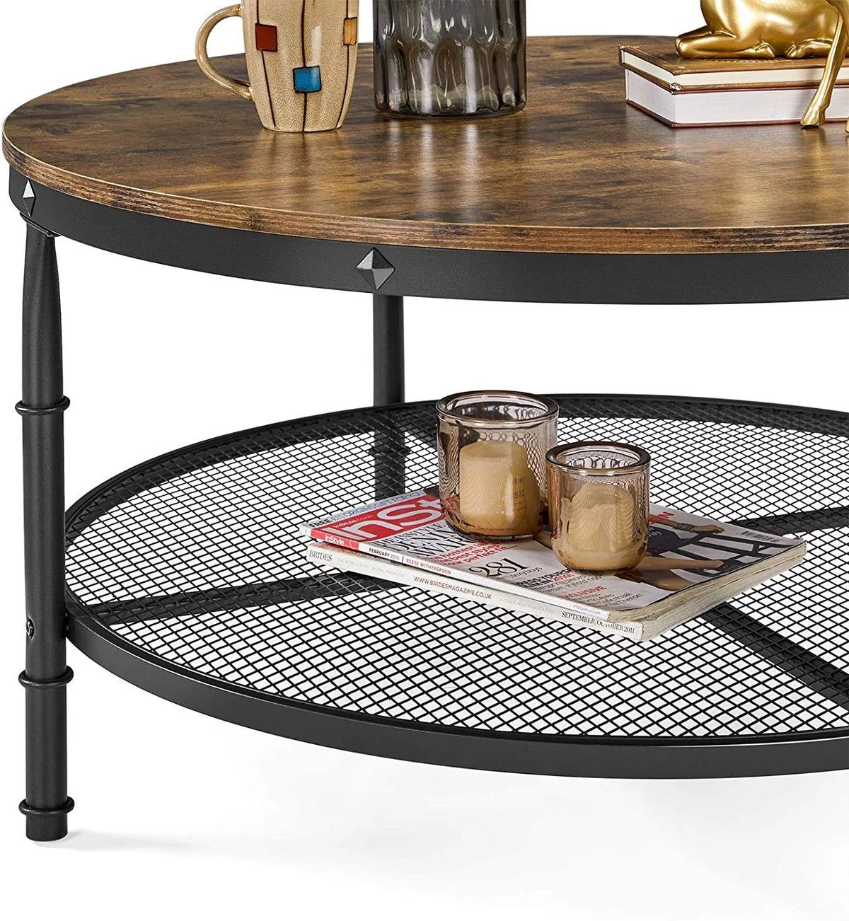 35.5 inch 2-Tier Rustic Wood Coffee Table with Metal Frame H28031