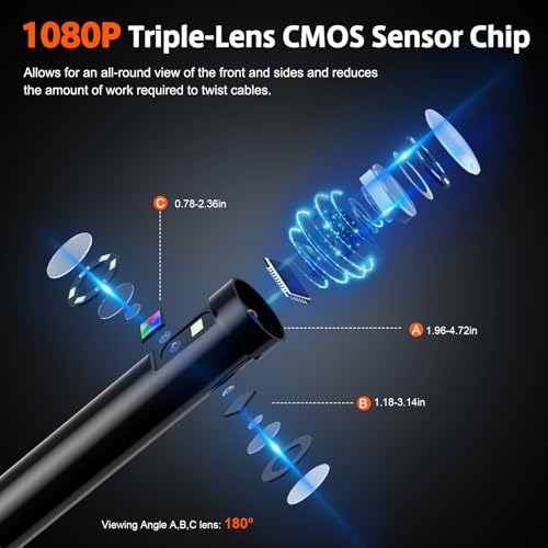 Triple Lens Sewer Camera with 50ft, 5" IPS Screen Borescope with Light, 1080P HD Endoscope IP67 Drain Pipe Snake Drain Camera, 32G Card Semi-Rigid Cable for Plumbing Inspection + Case S83292