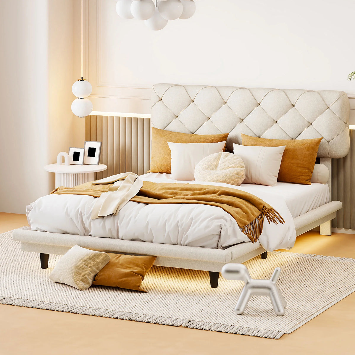 Full Size Upholstered Floating Platform Bed Linen Fabric Beige T390312
