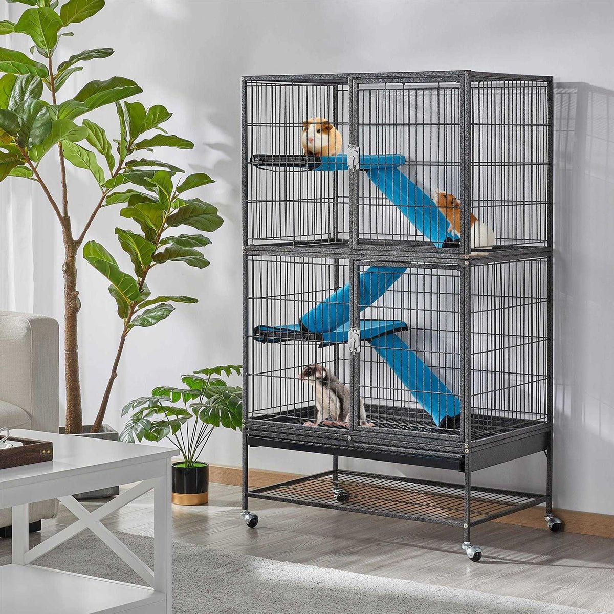 Hammered Black Rolling Metal Small Animal Cage with Removable Ramp U7367