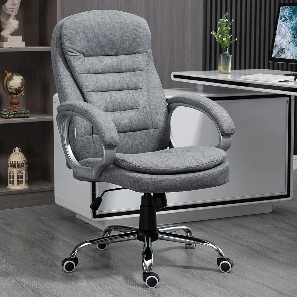 High Back Grey Upholstered Office Chair with Headrest and Armrest M6800