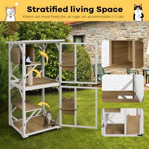 White Cat House Catio Outdoor Enclosure with Waterproof Roof on Wheels J5276