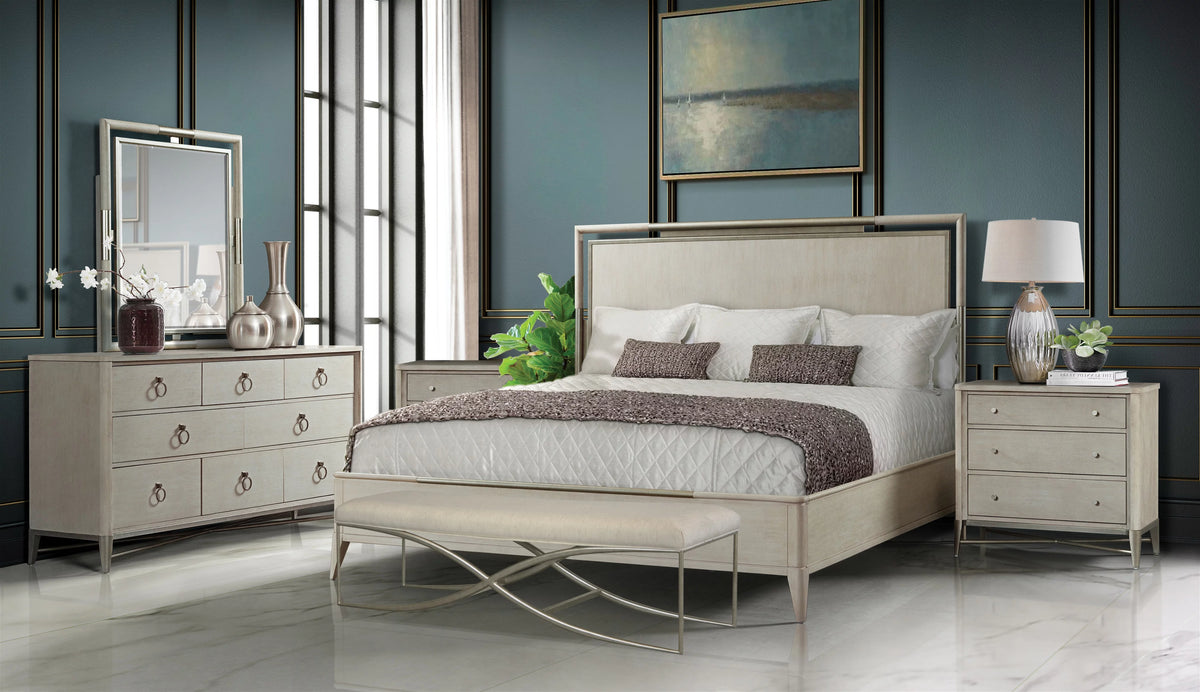 Solid Wood Bedroom Set with Metal Frame King Bed Dresser Mirror 2 Nightstands and Bench X220066