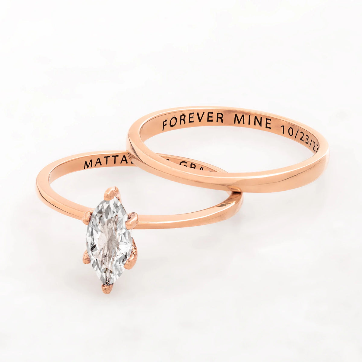 14K Rose Gold over Sterling Silver Marquise White Topaz 2-Piece Wedding Ring Set F412
