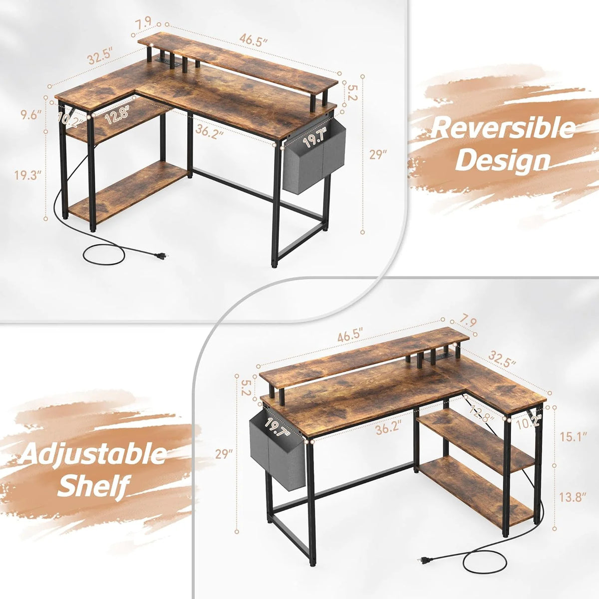 47 Inch L Shaped Desk with Power Outlets & LED Lights Q780