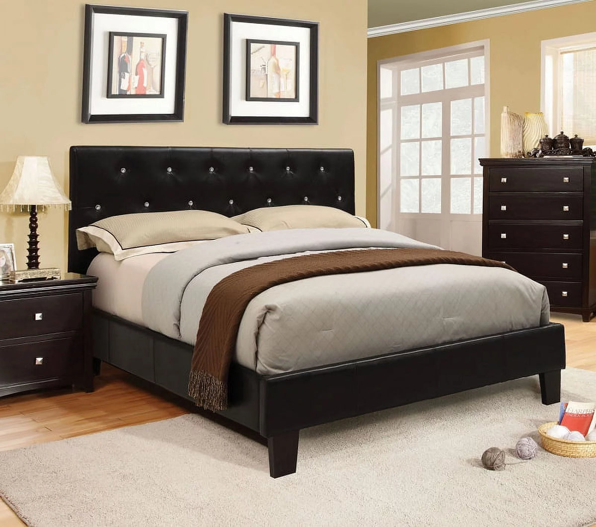 Black Eastern King Size Leatherette Tufted Platform Bed F6966
