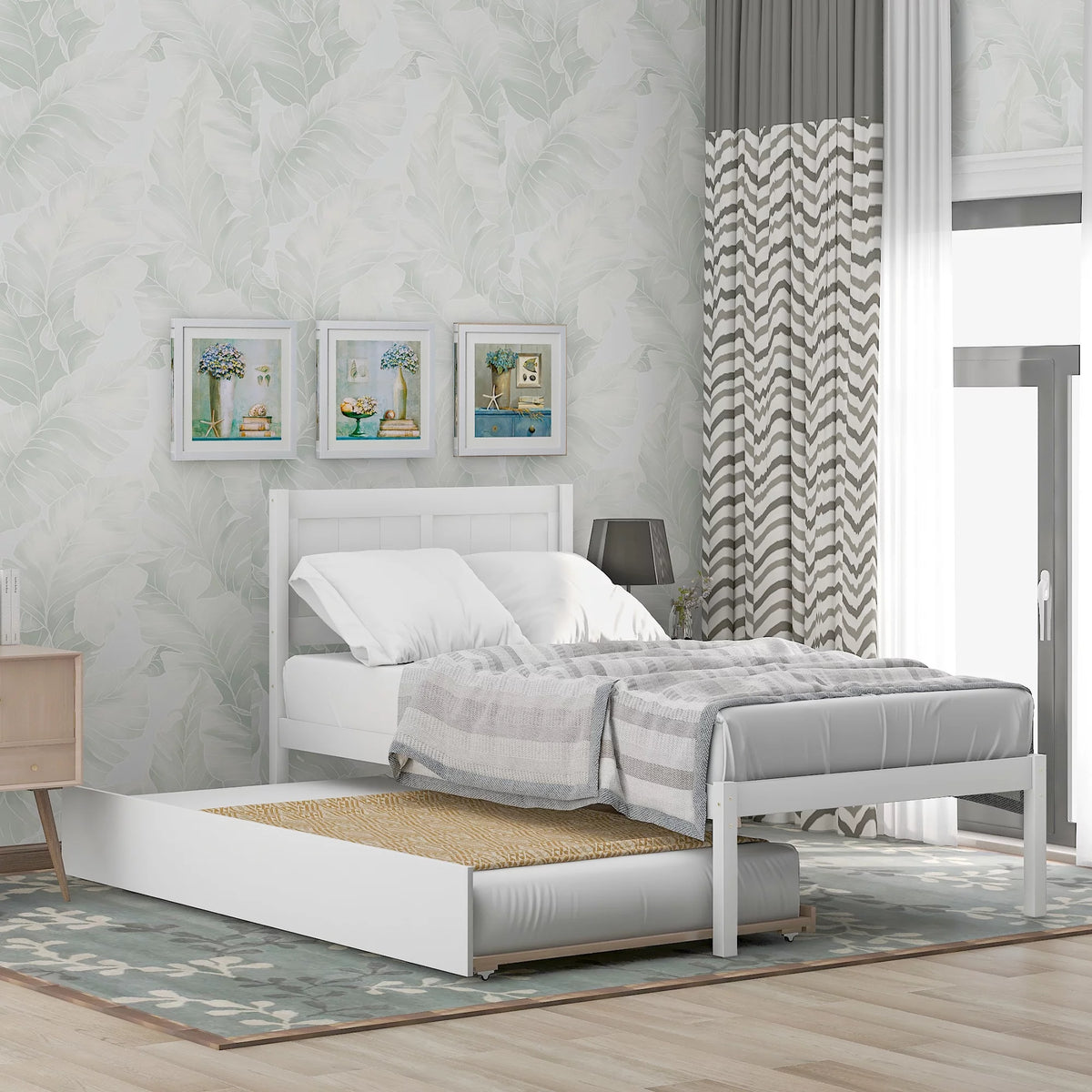 White Twin Platform Bed with Trundle, Solid Wood Bed Frame with Headboard P42780