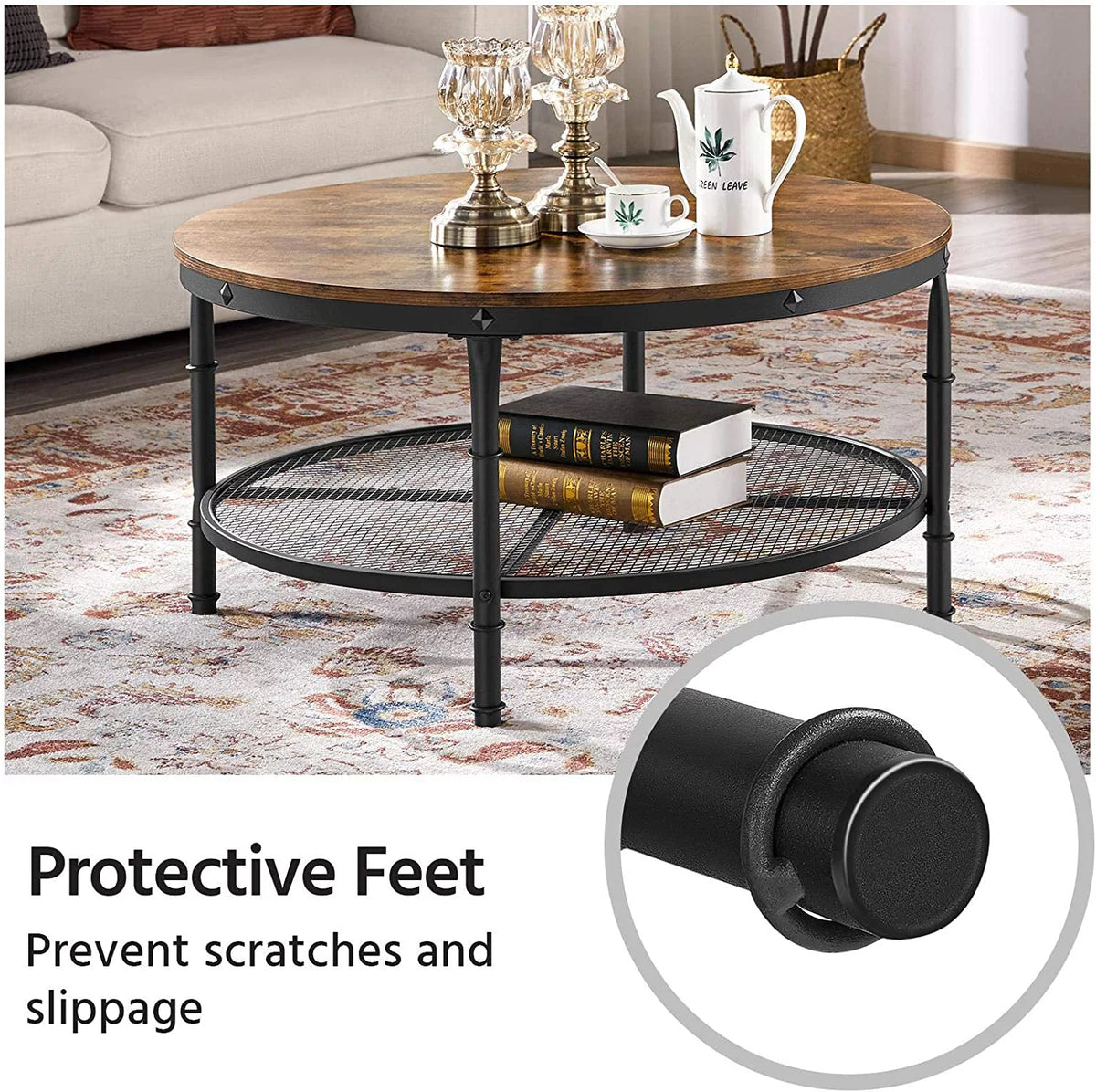 35.5 inch 2-Tier Rustic Wood Coffee Table with Metal Frame H28031
