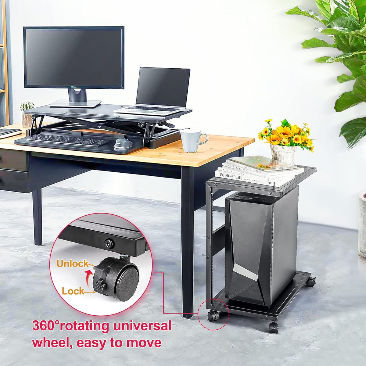 2-Tier Metal PC Stand with Locking Caster Wheels I430