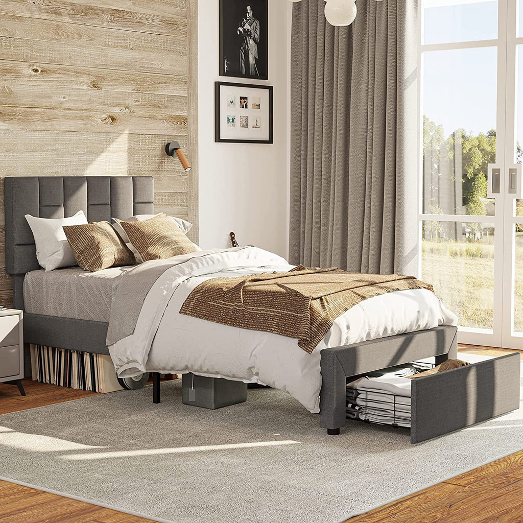 Grey Twin Bed Frame with Upholstered Headboard and Under-bed Drawer Z508