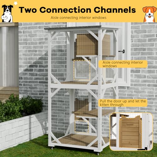 White Cat House Catio Outdoor Enclosure with Waterproof Roof on Wheels J5276