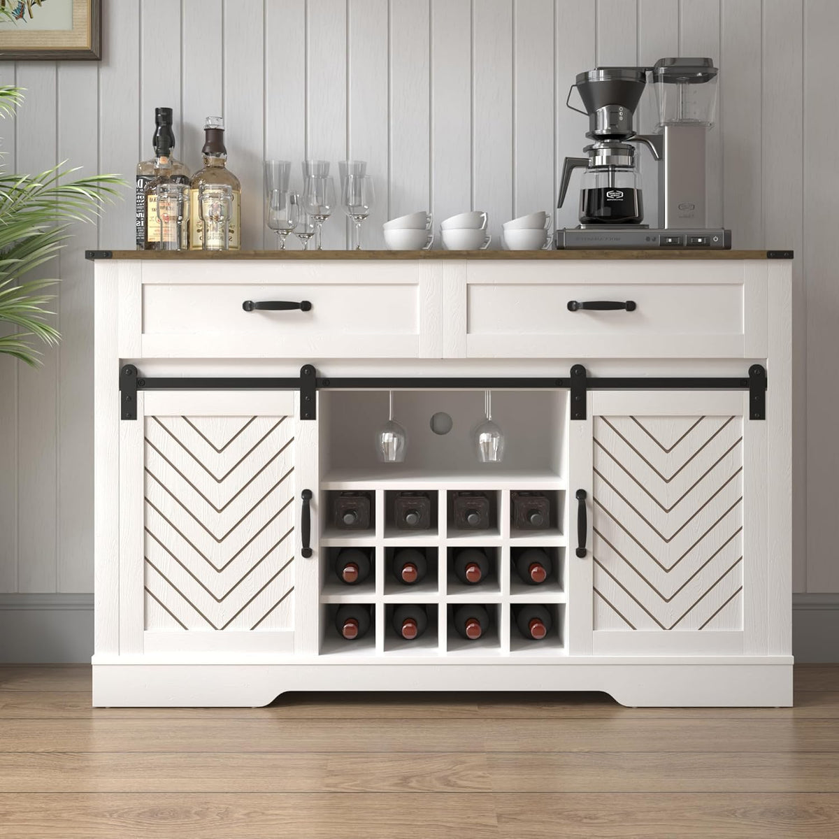 White & Oak Sideboard Cabinet with Sliding Barn Door, 3 Drawers M9465
