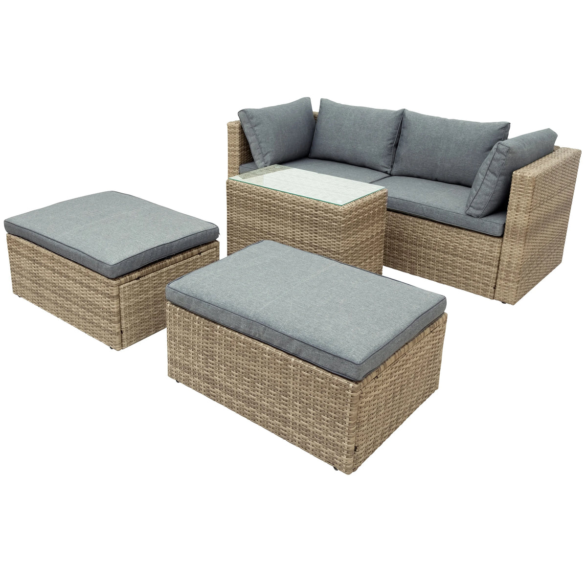 Gray Wicker Rattan Patio Sectional Sofa Set with Ottomans and Cushions Q174271