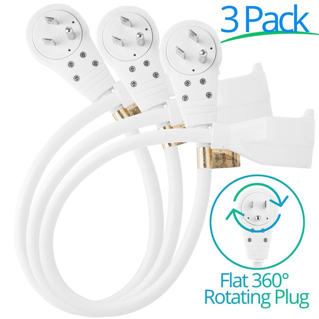 6-Inch 360° Rotating Flat Plug Extension Cord, 3 Prong, 3 Pack, White J508