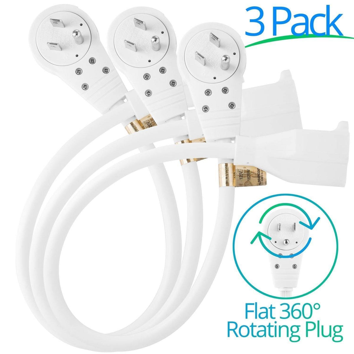 6-Inch 360° Rotating Flat Plug Extension Cord, 3 Prong, 3 Pack, White J508