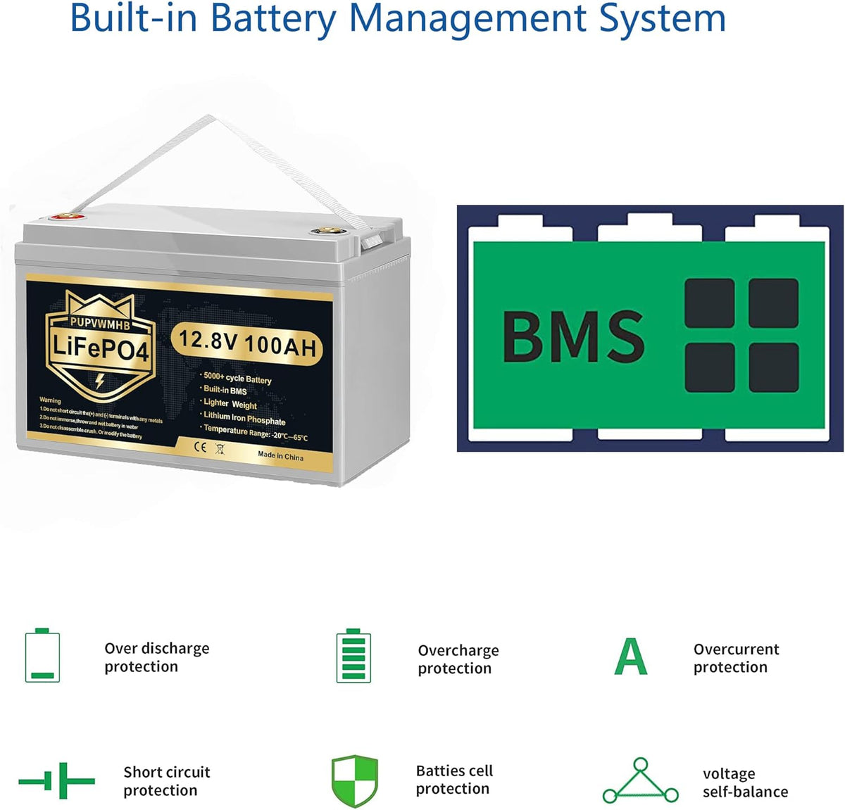 12V 100Ah Bluetooth LiFePO4 Lithium Battery with 100A BMS, Low Temperature Protection, 1280Wh Energy N769