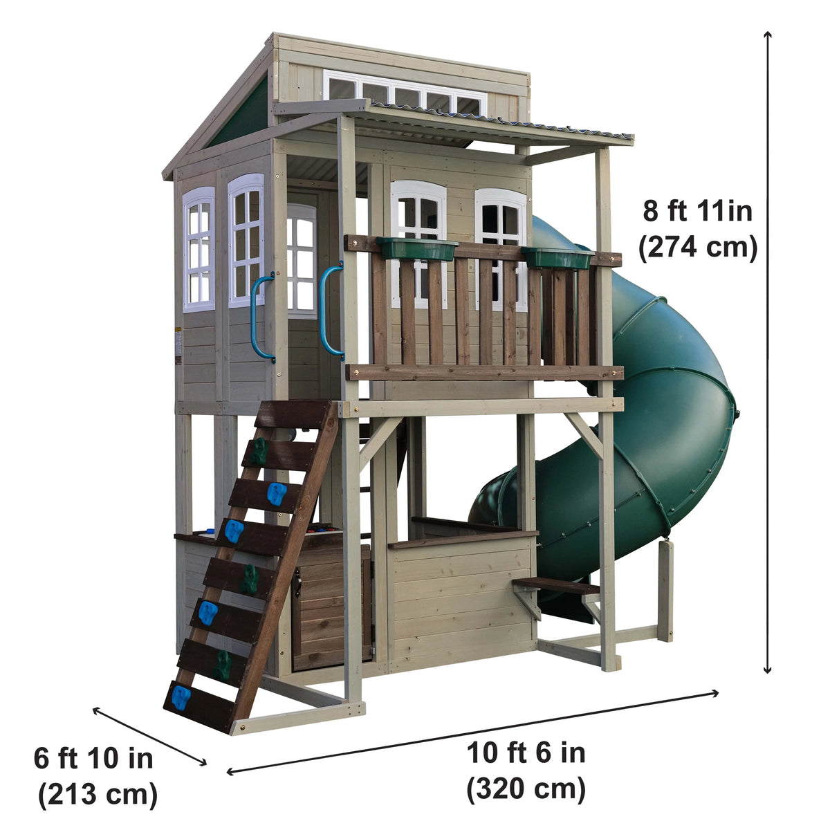 Wooden Outdoor Two-Story Playhouse with Slide, Kitchen, Rock Wall and Bench H791
