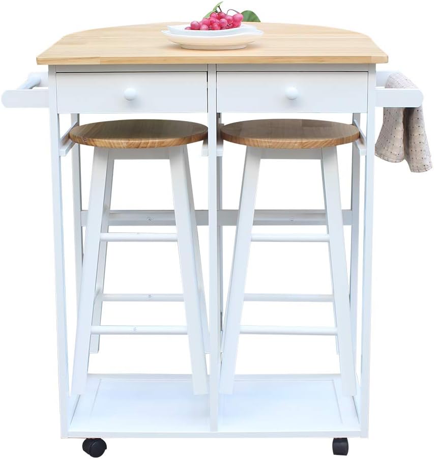 Foldable Dining Table Set with 2 Stools and 2 Drawers Solid Wood Drop Leaf Table S7838
