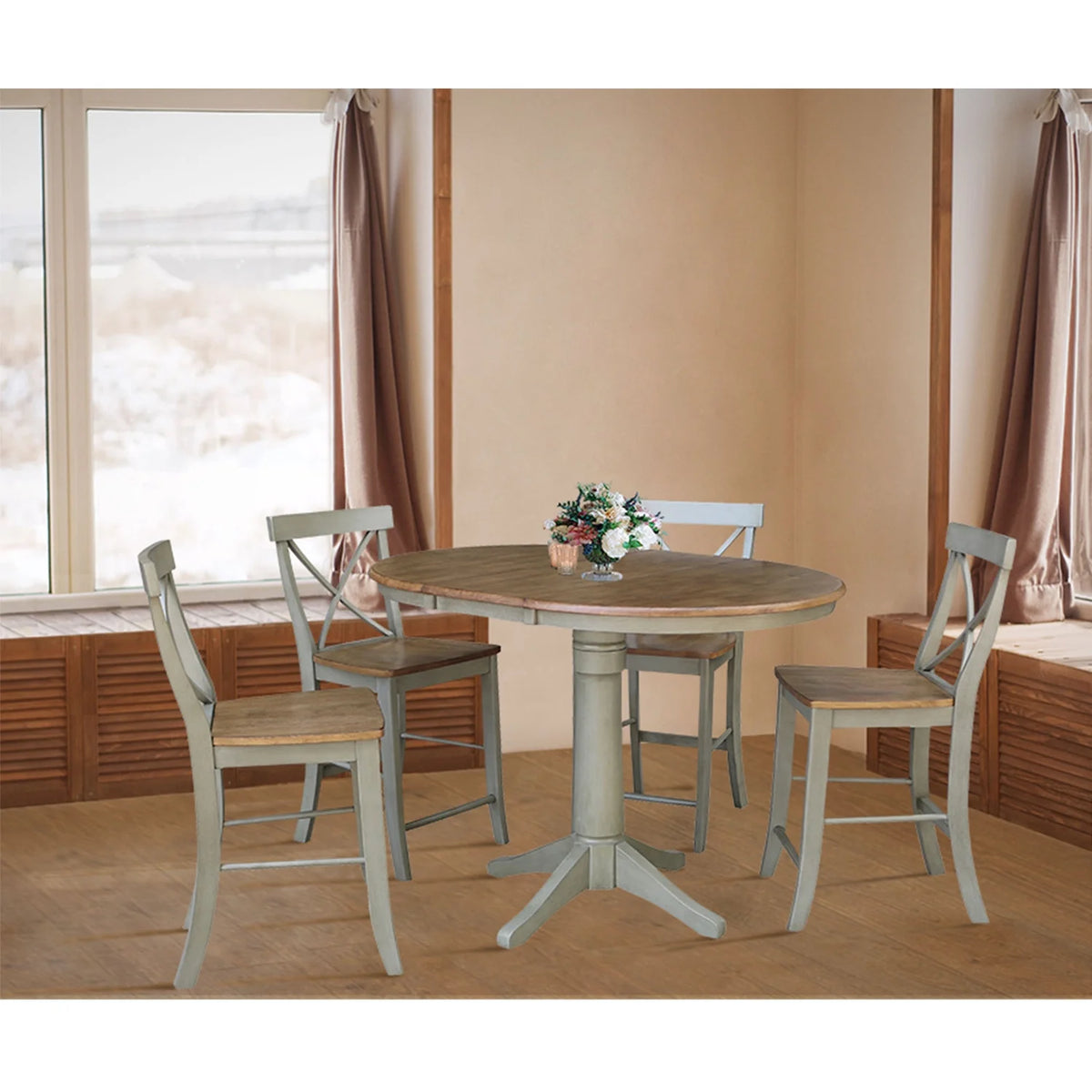36" Round Wood Extension Dining Table With 4 Stools J367623