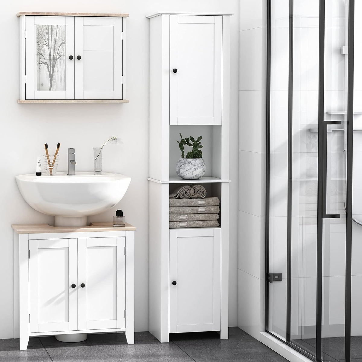 White Freestanding Bathroom Storage Cabinet with 2 Cupboards Y5314
