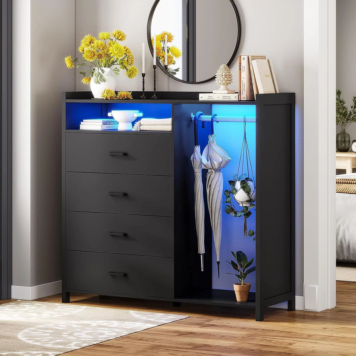 Black 4 Drawer Dresser with Clothing Rack S39763