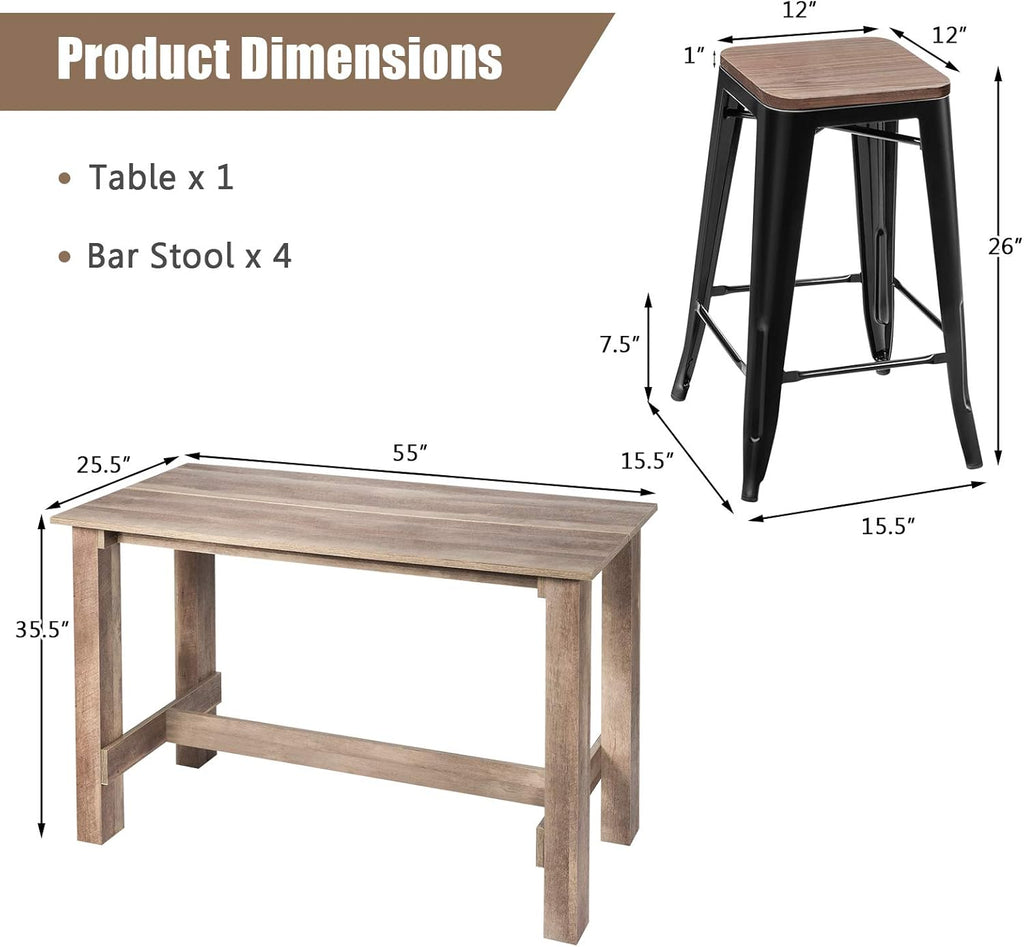 5 Pcs Industrial Counter Height Dining Table Set with 4 Metal Backless Barstools J691807