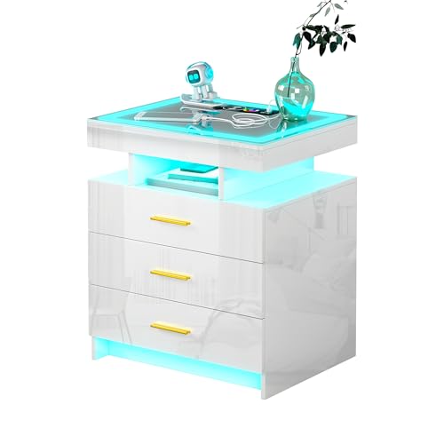 Black LED Nightstand with 3 Drawers and Wireless Charging D285