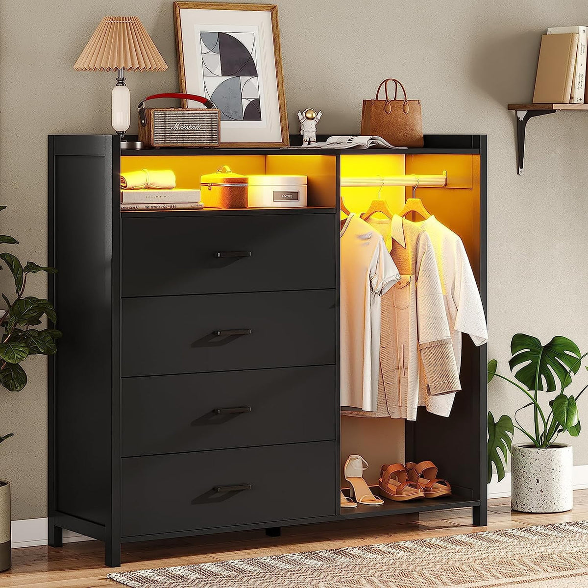 Black 4 Drawer Dresser with Clothing Rack S39763